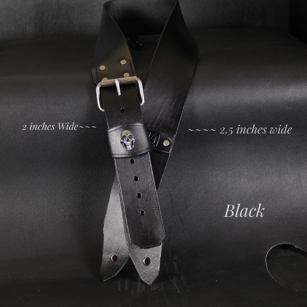 Custom Leather Guitar Strap.SKULL. Adjustable Buckle.2.5” wide BLACK