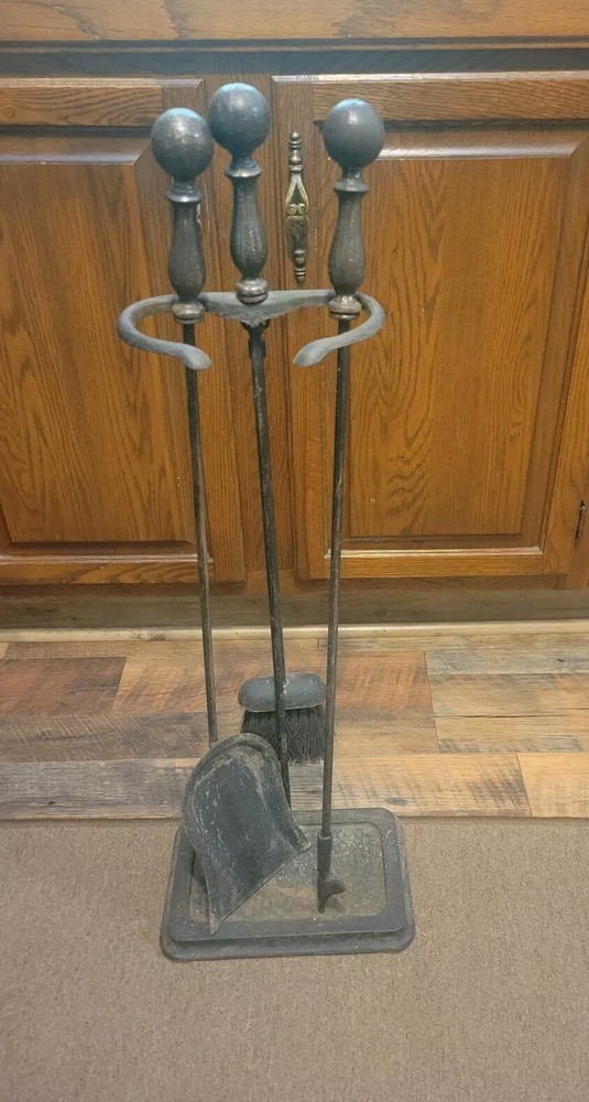 Vintage Antique Solid Brass Hand Forged Fireplace 3 Tools with Stand Set