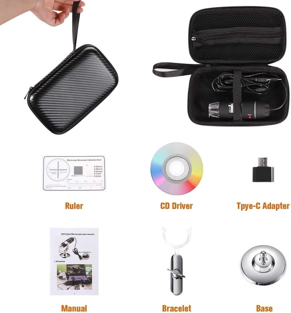 Portable 1000X USB Digital Microscope with Adjustable Lighting & Metal Stand