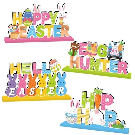 4Pcs Easter Decorations Wooden Table Centerpiece Happy Easter Table