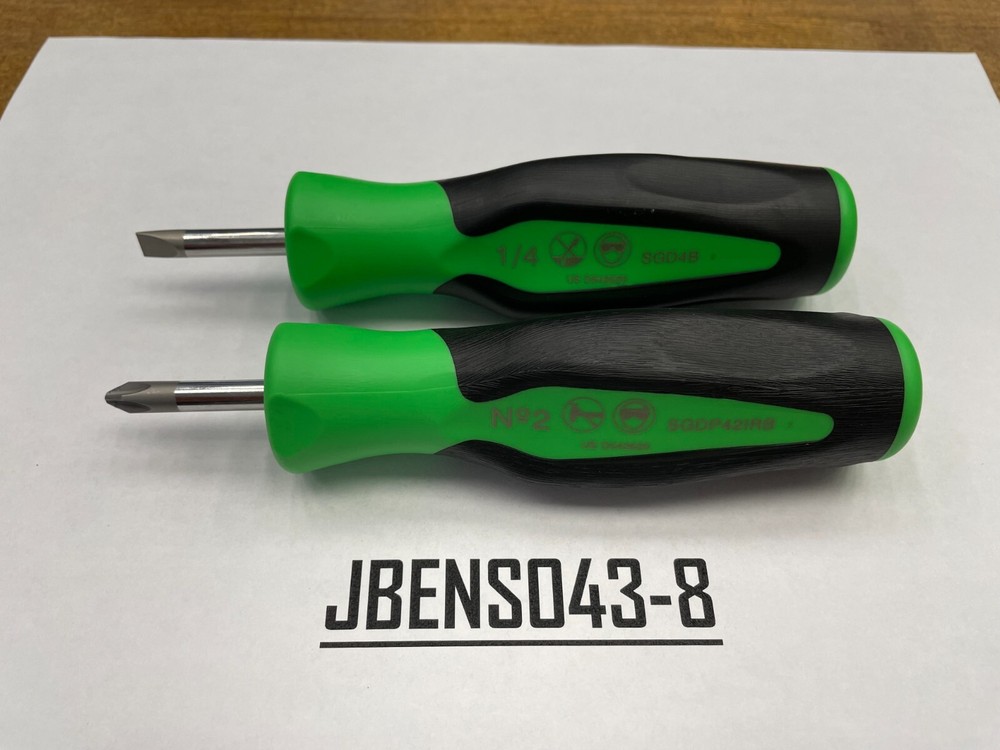 Snap-on Tools NEW GREEN 2pc Soft Grip Instinct Handle Stubby Screwdriver Set