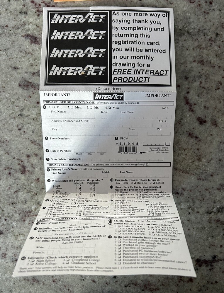 InterAct Product Reg Registration Card Insert
