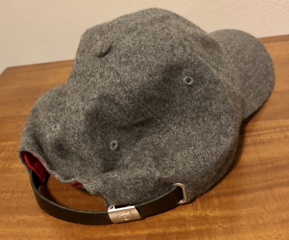 Peloton Cycle Tread Wool Strapback Hat Logo Patch Gray Red Adjustable Cap EUC