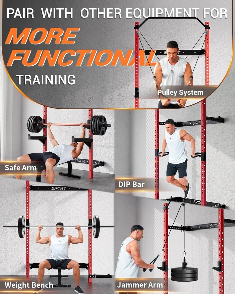 Folding Wall Mounted Squat Rack, Power Cage Power Rack with J-Hooks ,Pull Up Bar