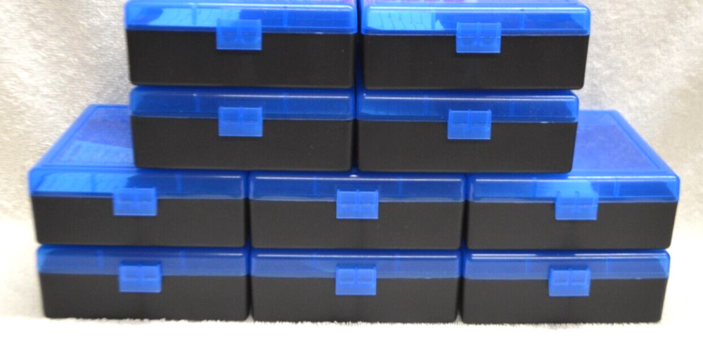 10 x BERRY'S PLASTIC AMMO BOX, BLUE/BLACK 100 Round 357/38
