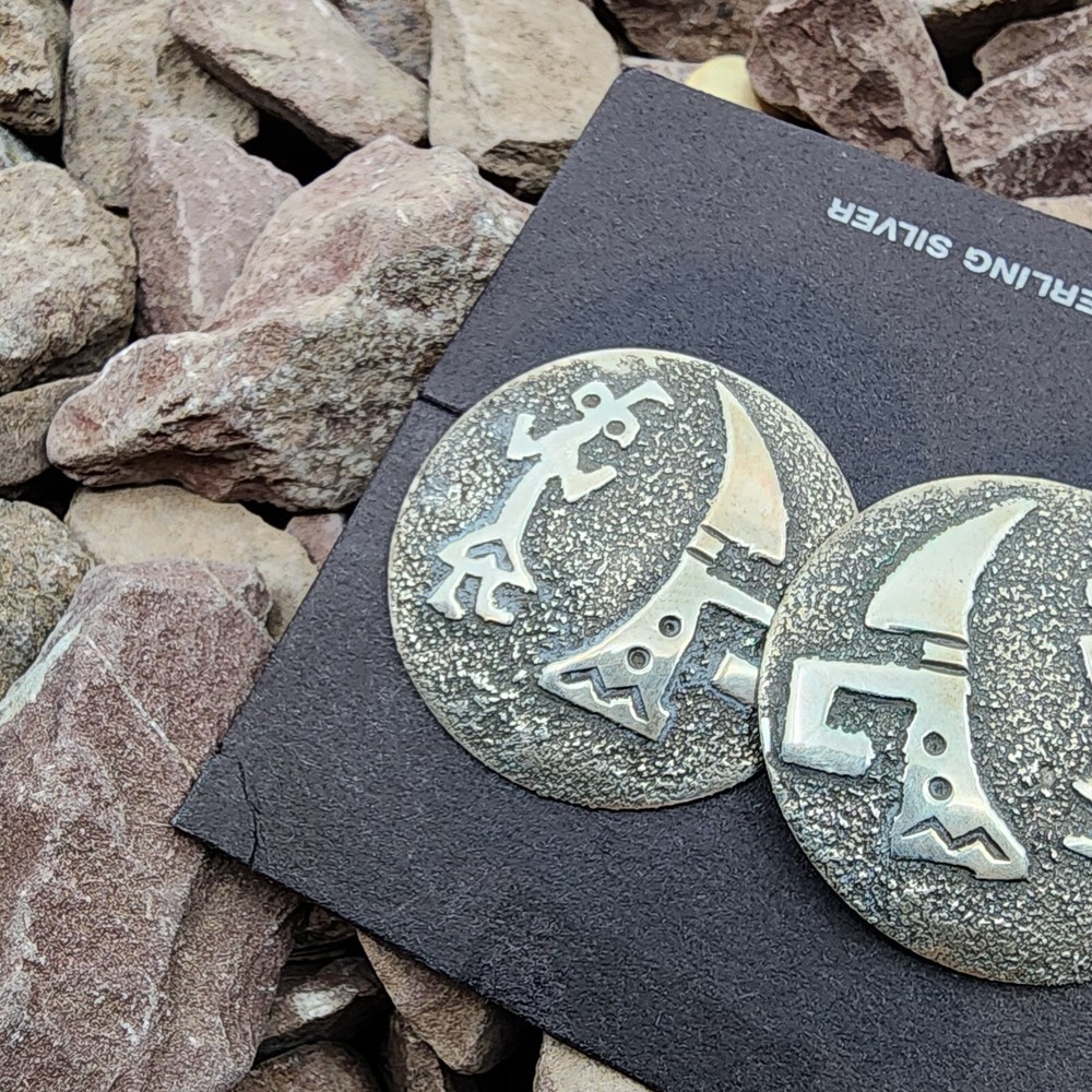 Native American Sterling Silver Kokopelli Round Post Back Earrings 2
