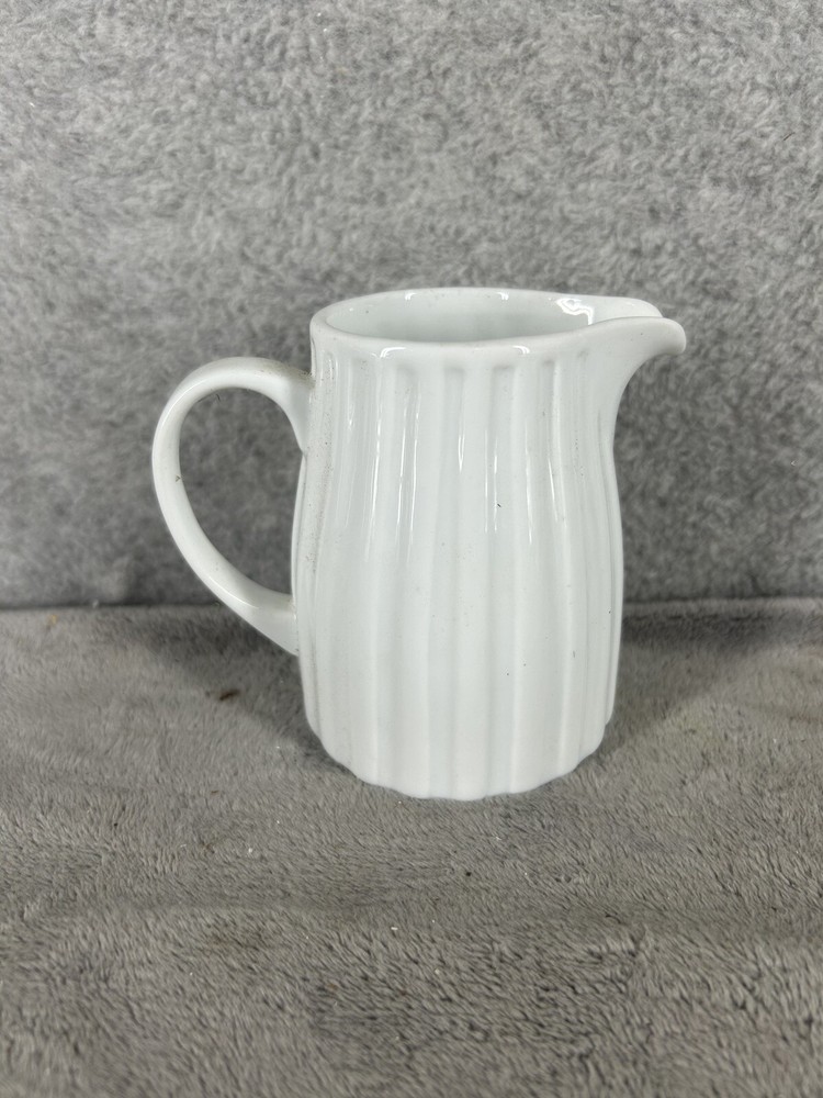 Crate & Barrel White Ribbed Ceramic Mini Pitcher 4” High
