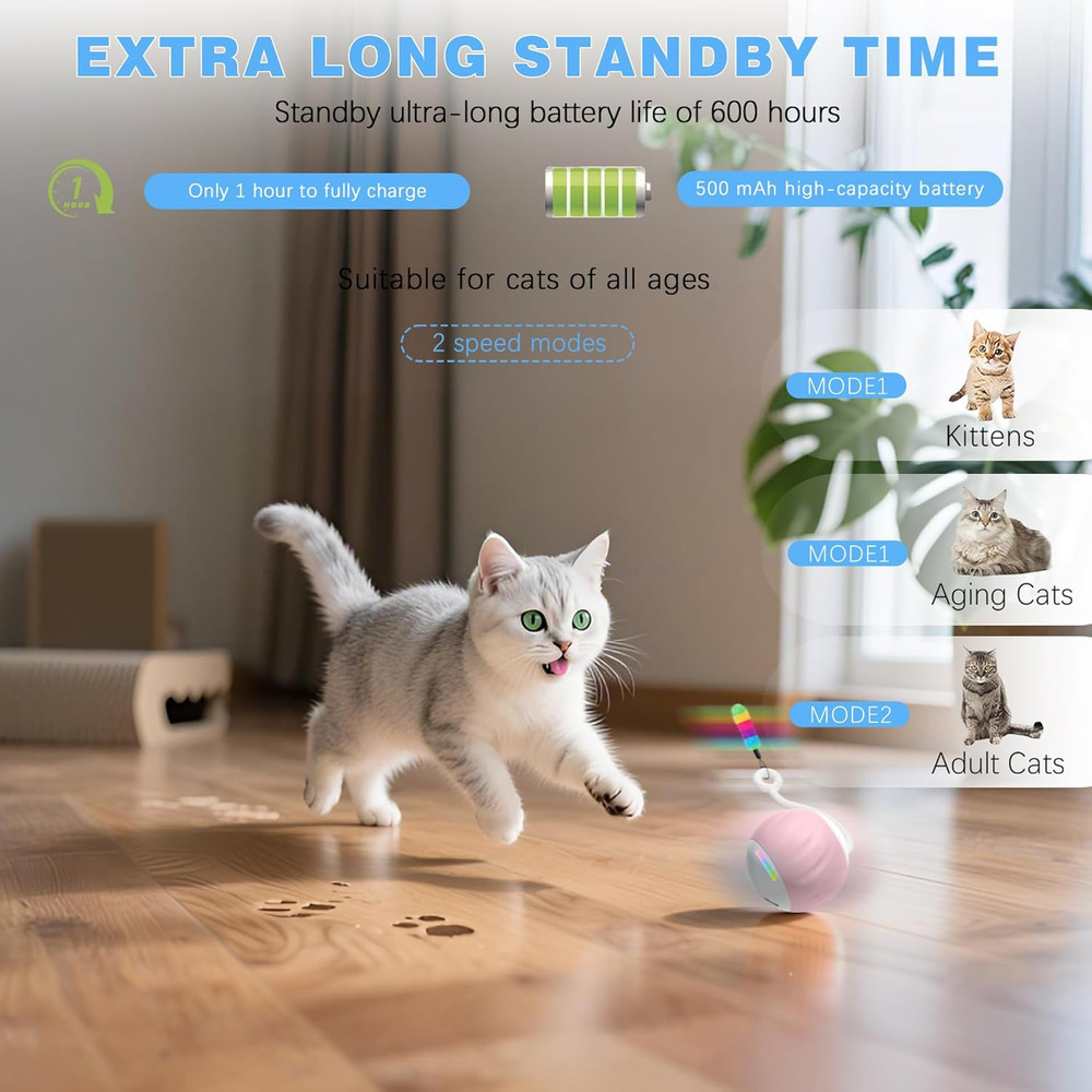 Interactive Cat Toy with LED Lights & Feathers - 2 Speed Motion Ball