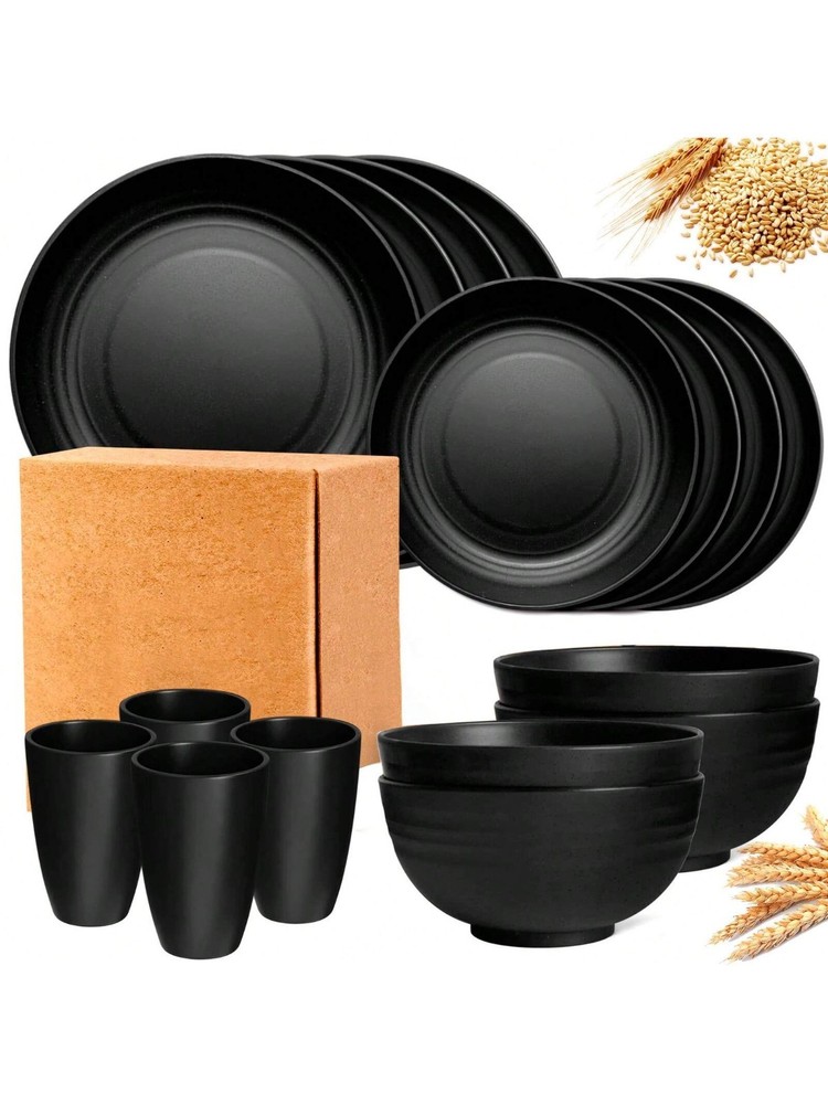 16 Piece Dinnerware Set, Kitchen Wheat Straw Dinnerware Set, Black, Serves 4