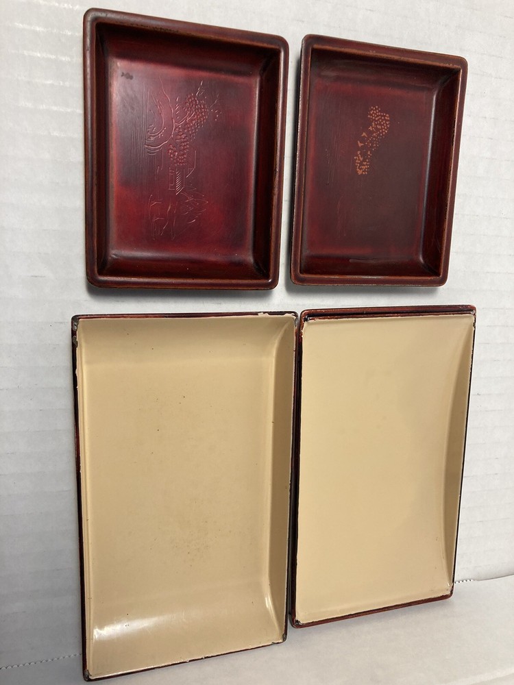 Maruni Lacquerware Coffee Table Cigarette Box, 2 Ashtrays Occupied Japan Signed