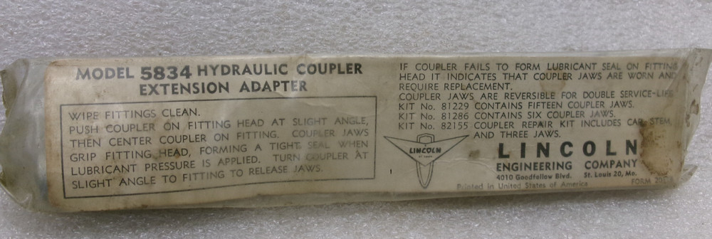 LINCOLN MODEL 5834 HYDRAULIC COUPLER EXTENSION ADAPTER #321o