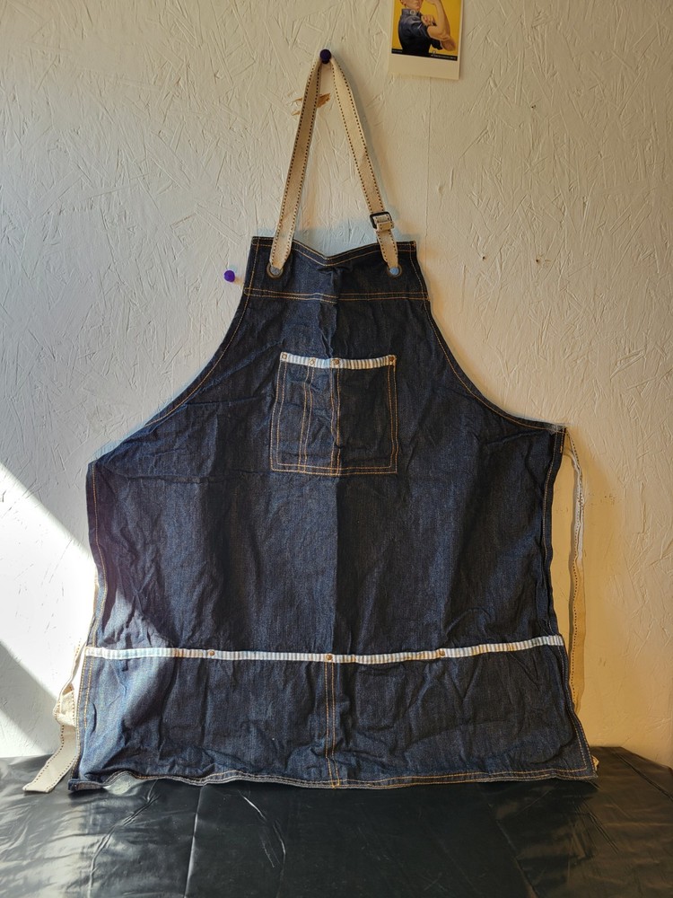 Denim Work Apron with Striped Trim, Adjustable Straps