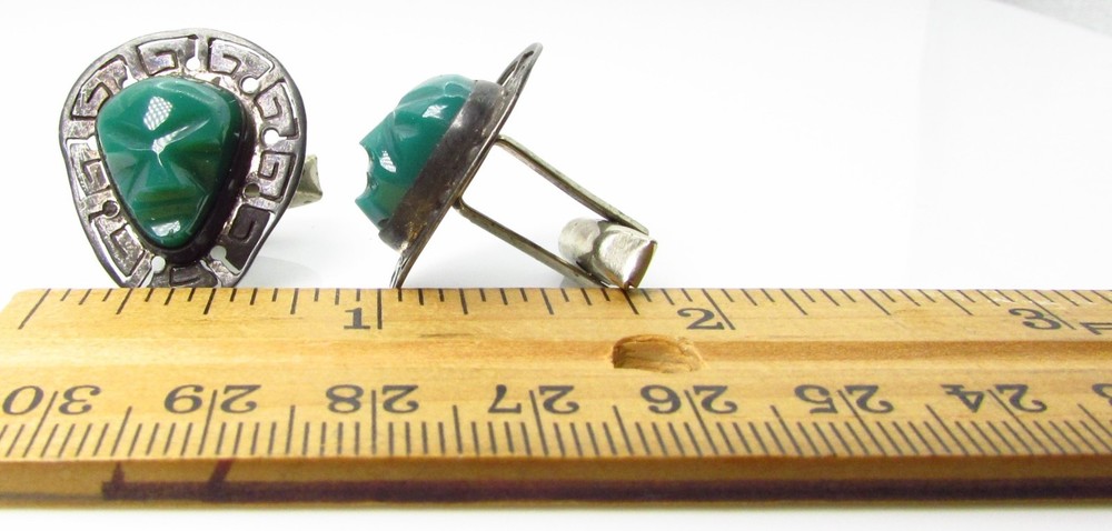 Sterling Front Cufflinks with Green Onyx Aztec Mask