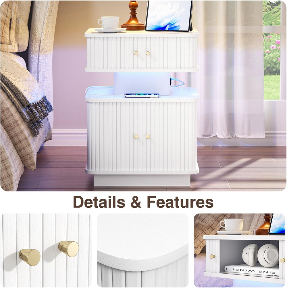 LED End Table with Charging Station, Mid-Century Design, 2 Doors, White