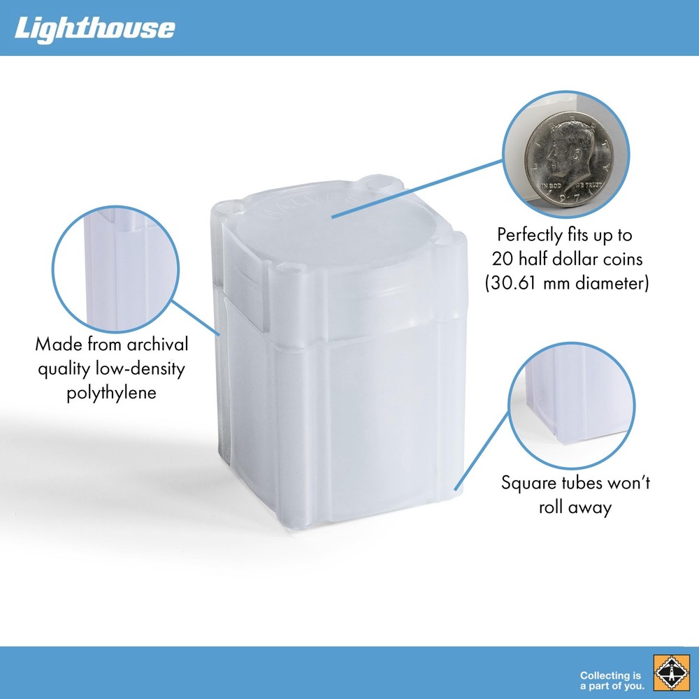 Lighthouse - Square Coin Tubes - Convenient Push Top, 10 pack, Clear