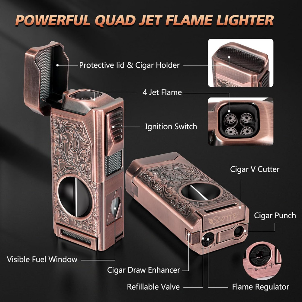 Torch Lighter, Cigar Lighter 4 Jet Flame, Refillable Butane Lighter with Cigar C