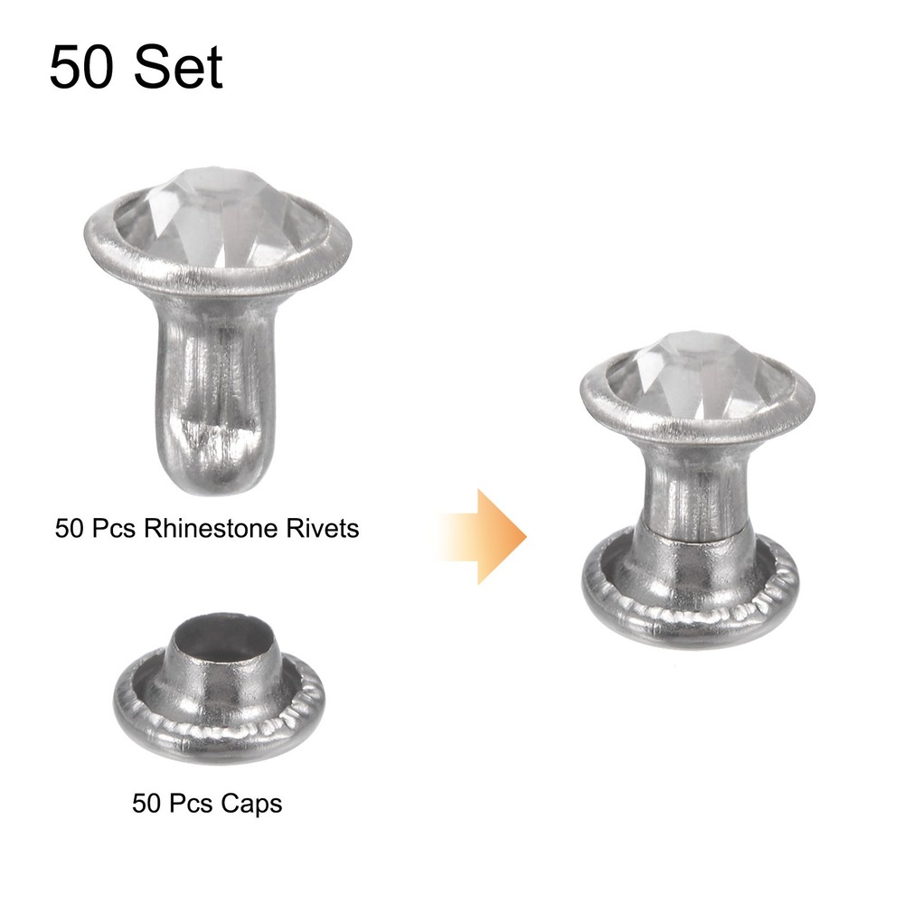 50pcs Crystal Rivets 6mm Rhinestone Rivets Rapid Stud Rivets, Silver