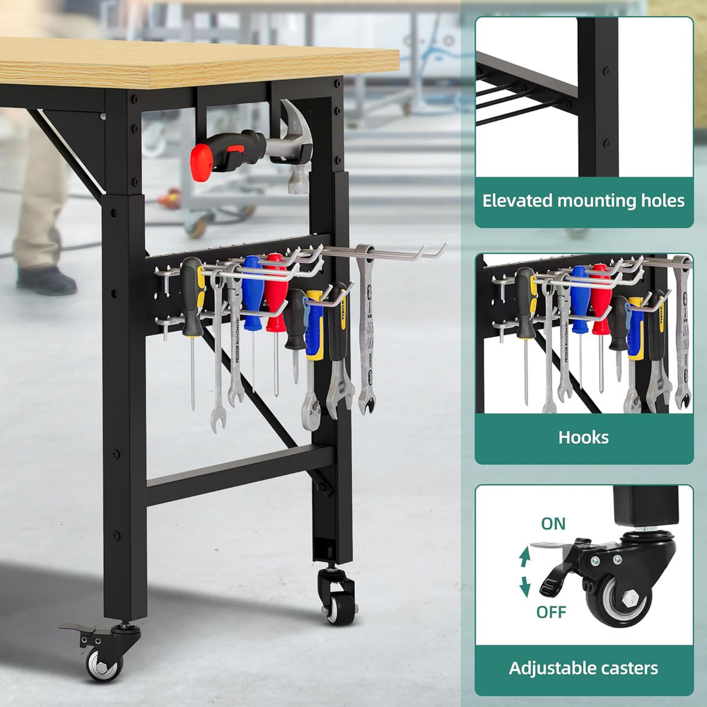 Heavy-Duty 60" Adjustable Workbench with Wheels & Built-In AC/USB Outlets