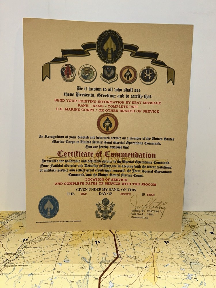 USMC / MARINE CORPS SPECIAL OPERATIONS COMMAND ~ CERTIFICATE OF COMMENDATION