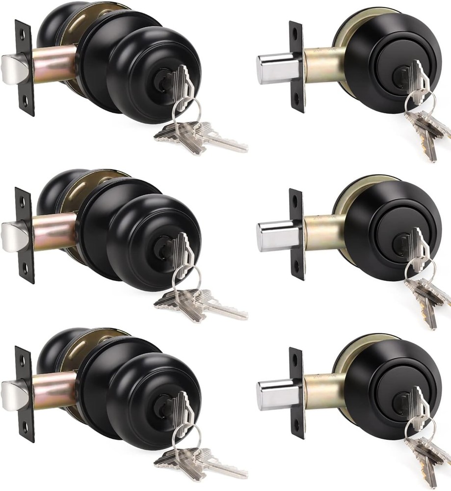 KNOBWELL 3 Pack Keyed Alike Entry Door Knobs and Single 3 Pack, Black