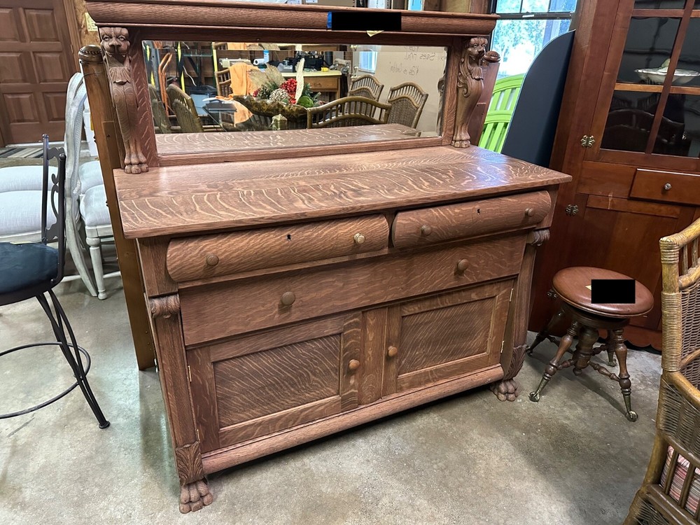 Antique Tiger Oak Buffet/Sideboard with original beveled mirror backboard