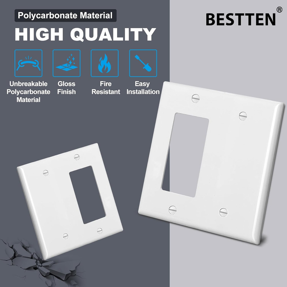 2-Pack 2-Gang Combination Wall Plate, Unbreakable White Polycarbonate