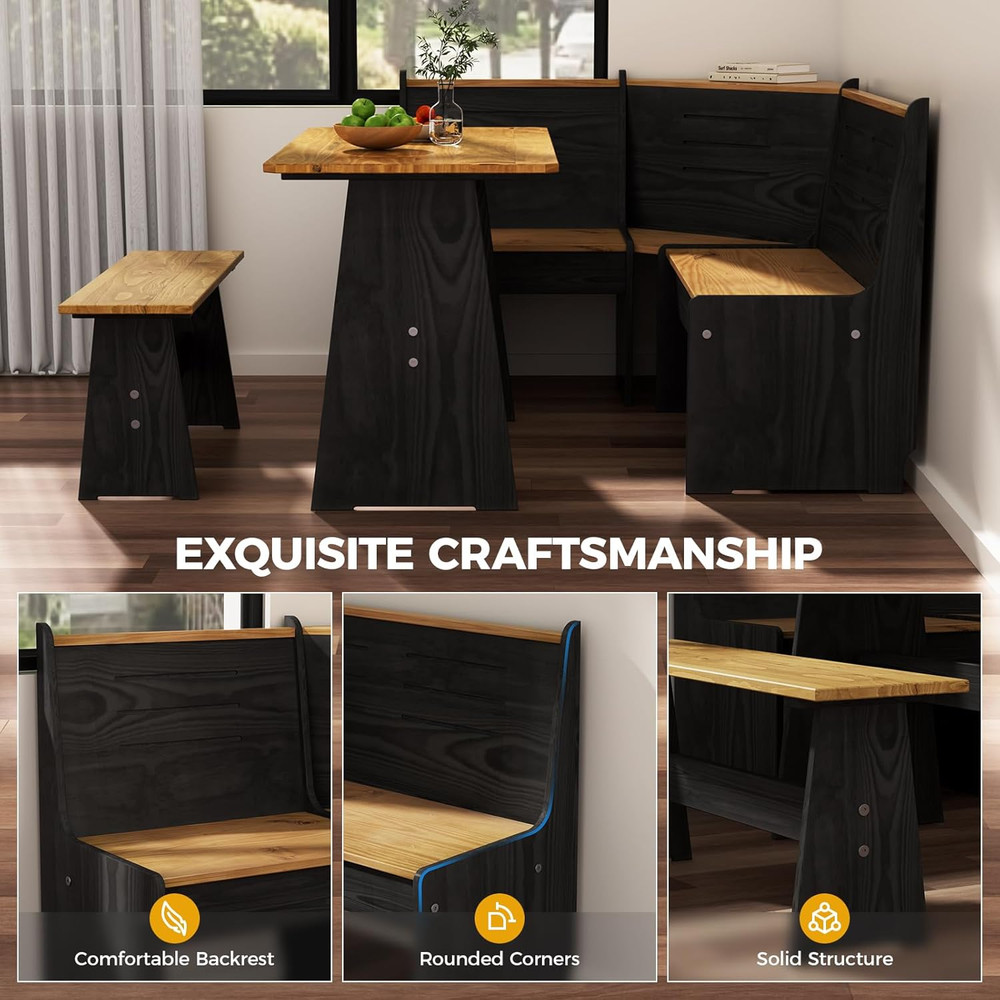 Solid Wood Corner Breakfast Nook Table Set for 4-6, Space Saving Black Booth