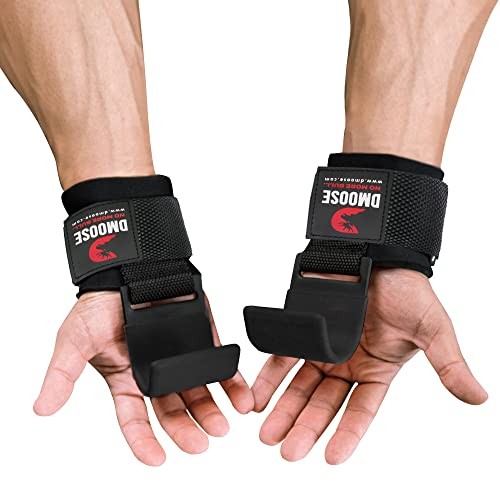 DMoose Weight Lifting Hooks (Pair), Hand Grip Support Wrist Black (Flat Hook)