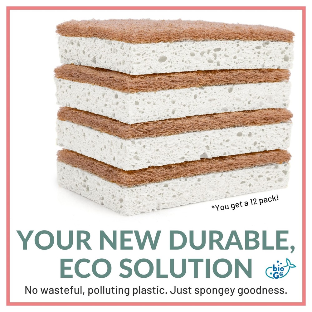 bioGo White 12 Pack Biodegradable Kitchen Sponge - Eco-Friendly, Compostable,...