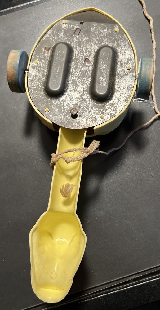 Vintage Pull Behind Duck, Metal Bottom, Wood Wheels, Noise Maker