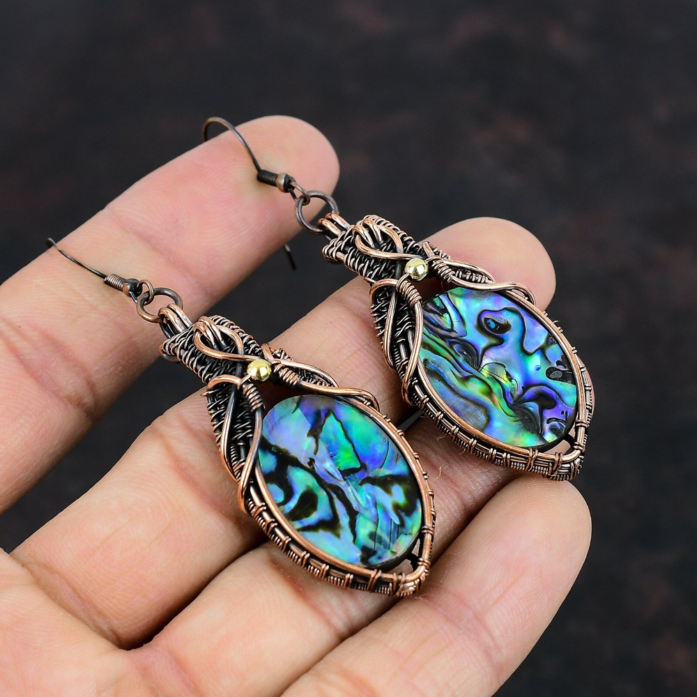 Abalone Shell Copper Valentine Gift Wire Wrapped Drop/Dangle Earrings 2.99"