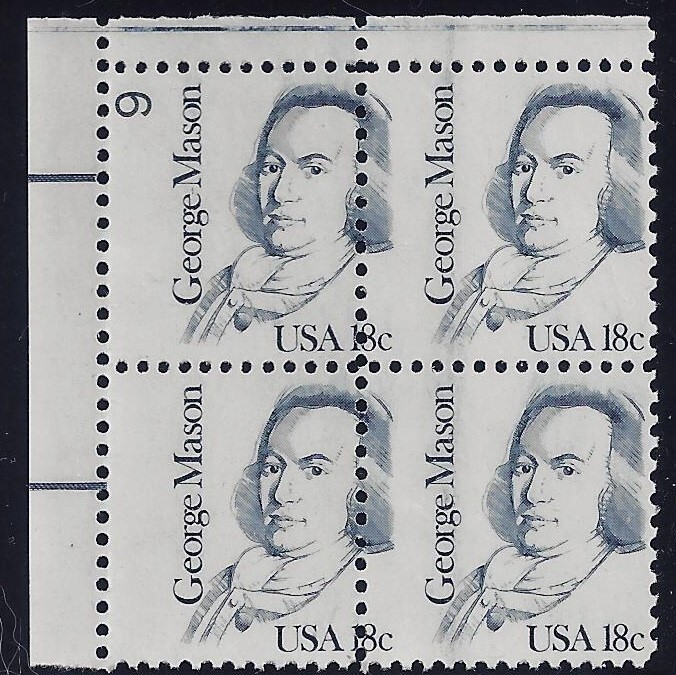 1858 - 18c Misperf Error / EFO Plate Block Capture Pl# "George Mason" Mint NH