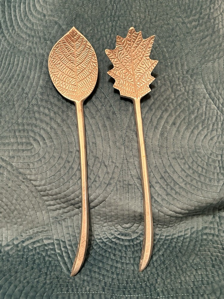 Leaf Shape Silver Tone Long Handled Salad Servers - Oak & Aspen Leaf Shape