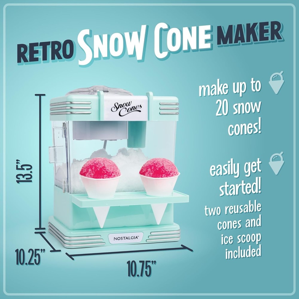 Snow Cone Machine W/ 2 Reusable Plastic Cups & Ice Scoop Easy Serving- Retro