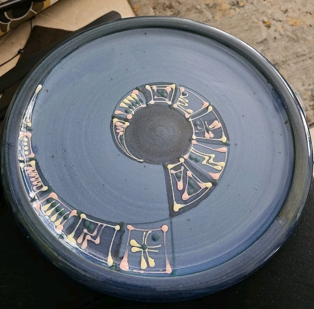 Studio Pottery Signed 13.5" Stoneware Platter Blue Glazed Abstract Design