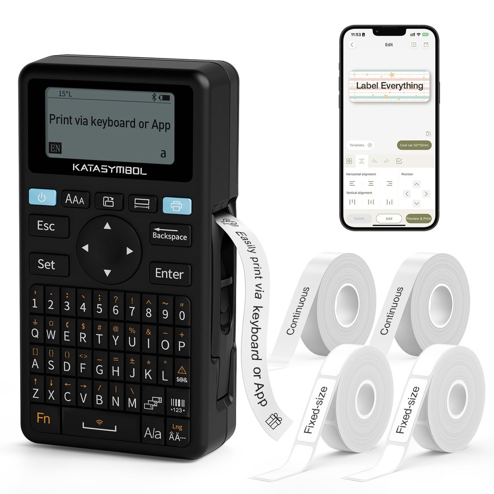 SUPVAN E11 Bluetooth Label Maker Machine with 4 Tapes, Support Keyboard & App wi