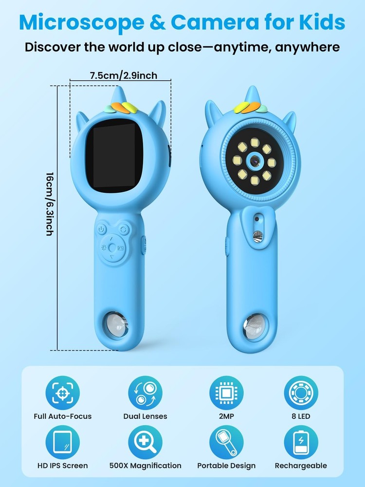 Acoath Microscope for Kids, Auto-Focus Handheld Digital Microscopes with Blue