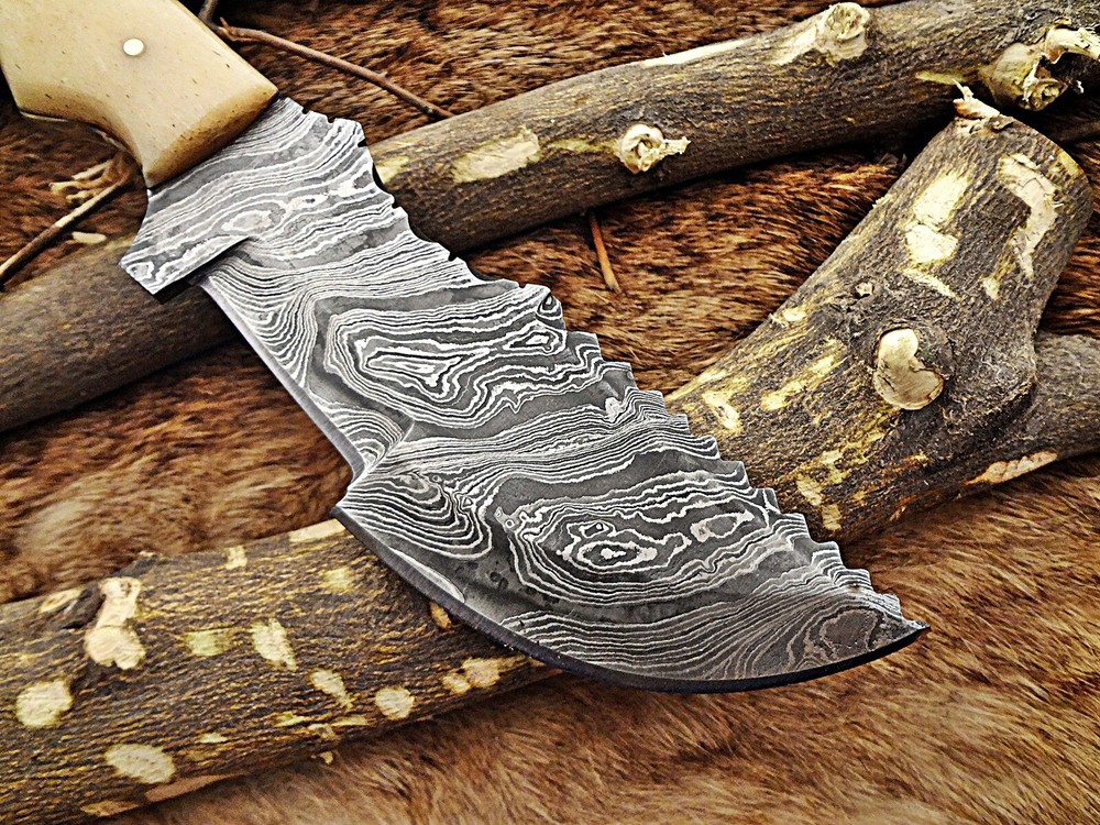 10" Long tracker Knife, Damascus steel Blade, Bone scale, Leather sheath
