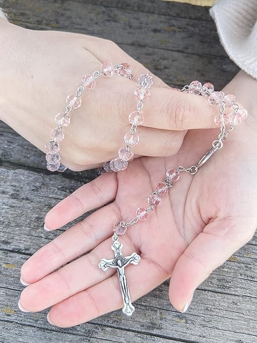 Pink Crystallized Glass Beads Rosary Necklace with Miraculous Medal