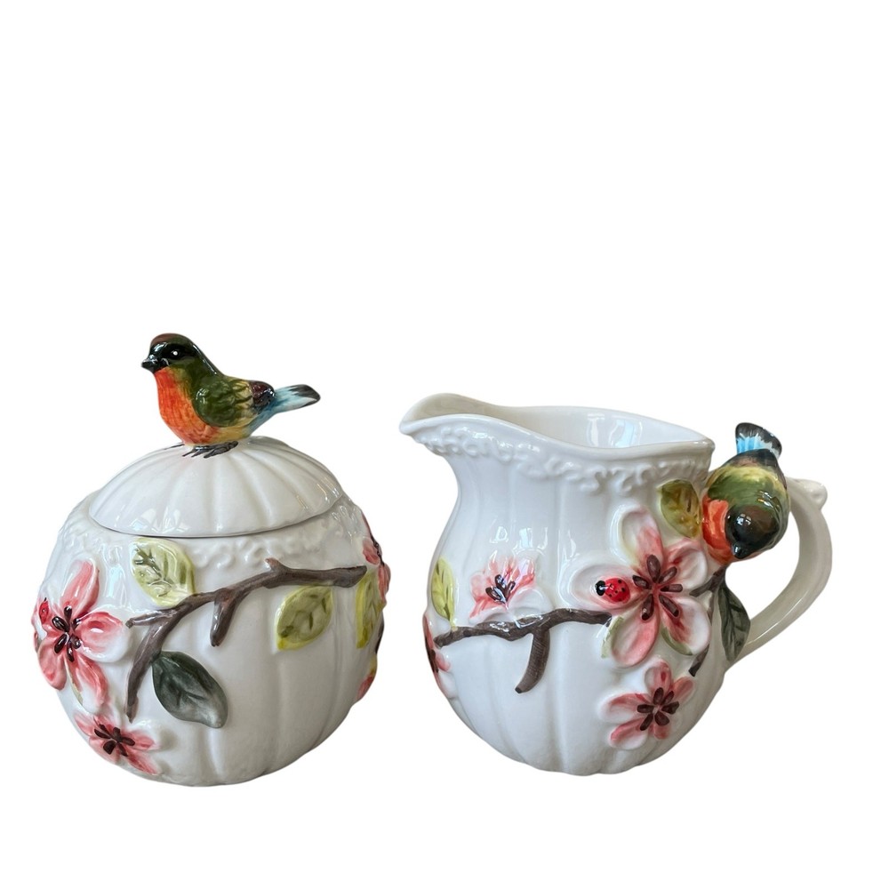 Corner Ruby Botanical Collection Floral & Bird Ceramic Sugar & Creamer Set NEW