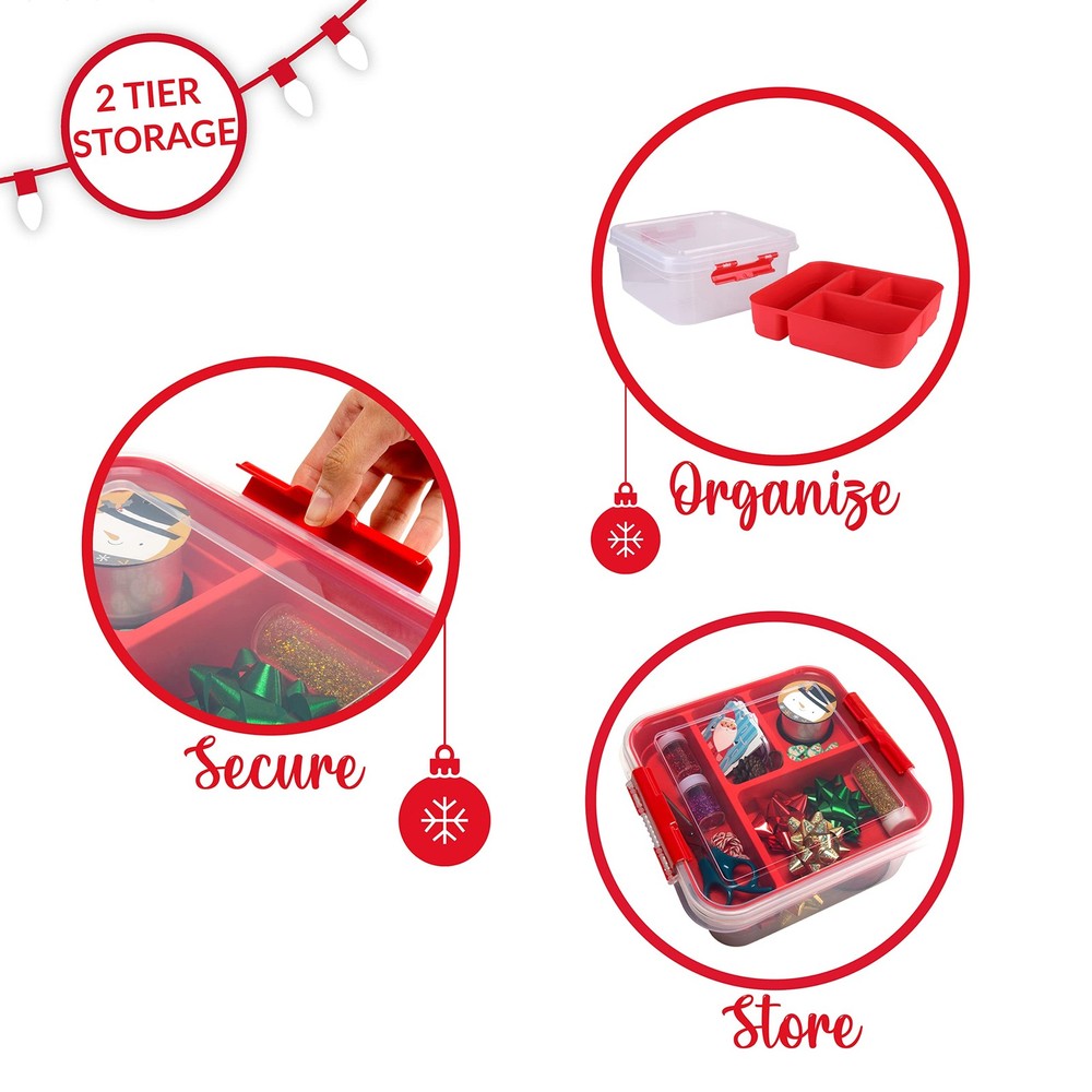 5 Compartment Gift Supply Storage Box | 2 Tier Box | Red | Clear Top Lid | Di...