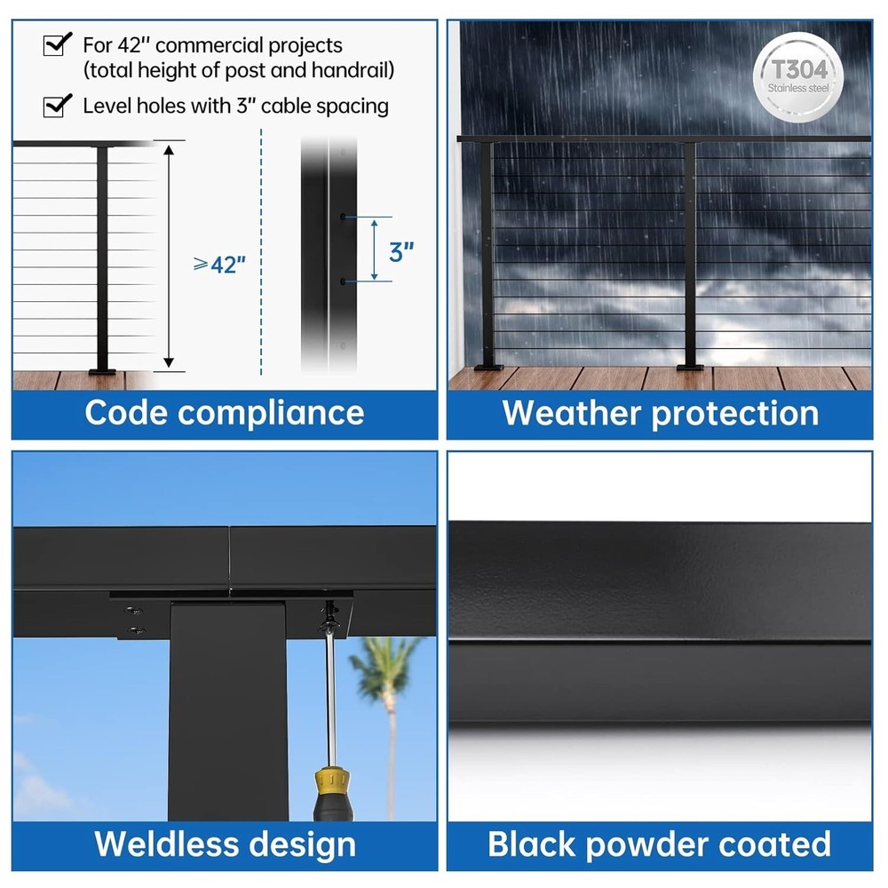 Cable Railing Post 41"x2"x2" Fixed top Level Line Post Mount Black Level Drill