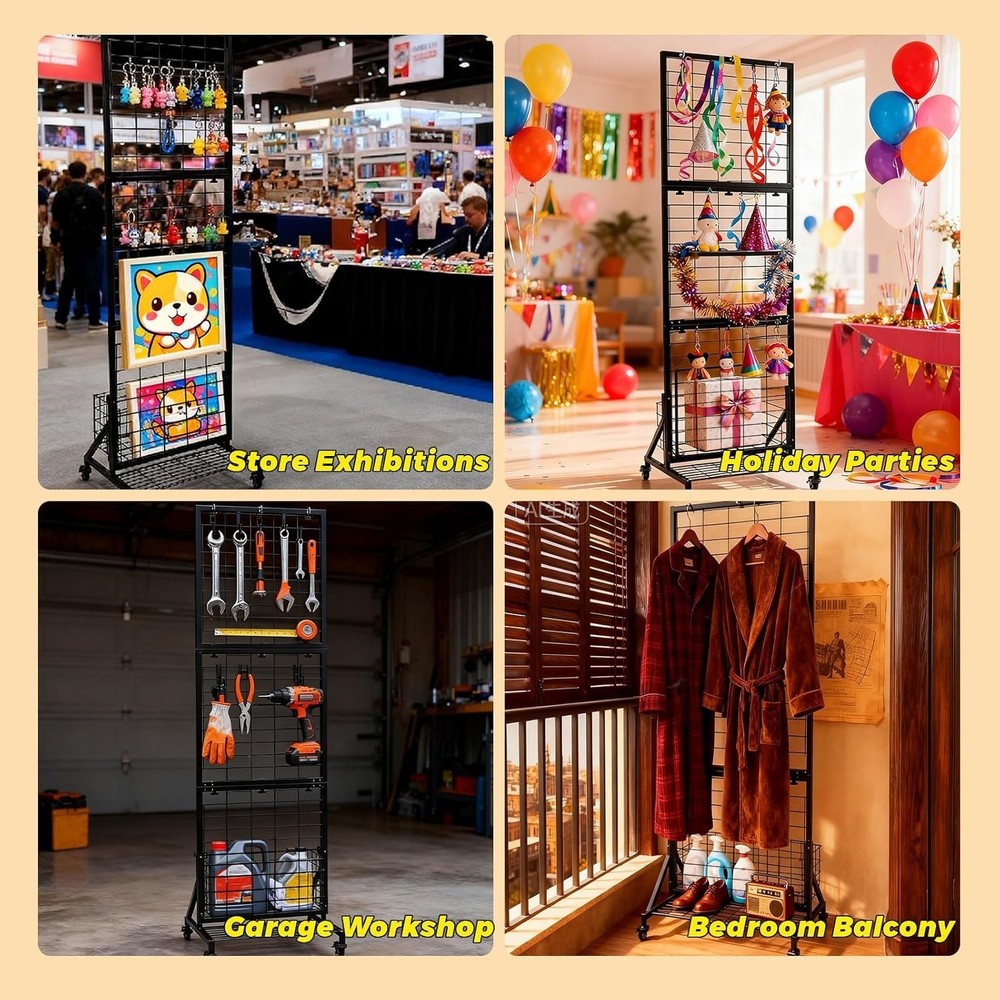 Display Grid Rack 6 ft Panel Foldable Craft Art Gridwall Tower W/ Basket & Tray