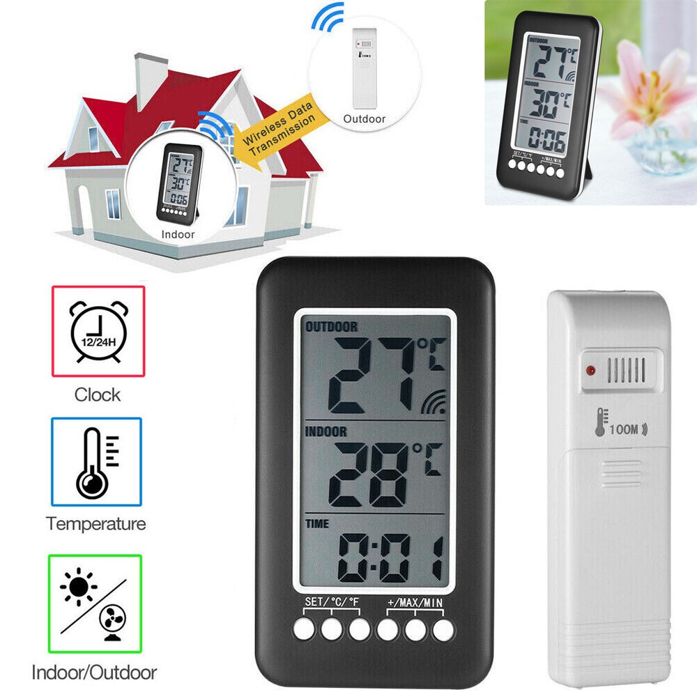 Digital Thermometer Clock Indoor/OutdoorTemperature Wireless Transmitter Meter
