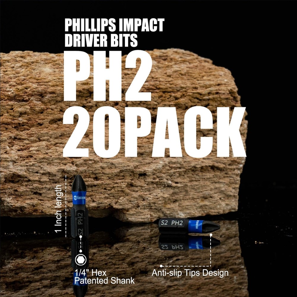 Facoow 20 Pack Phillips Impact Driver Bits, #2 Head PH2, 1"*20pcs