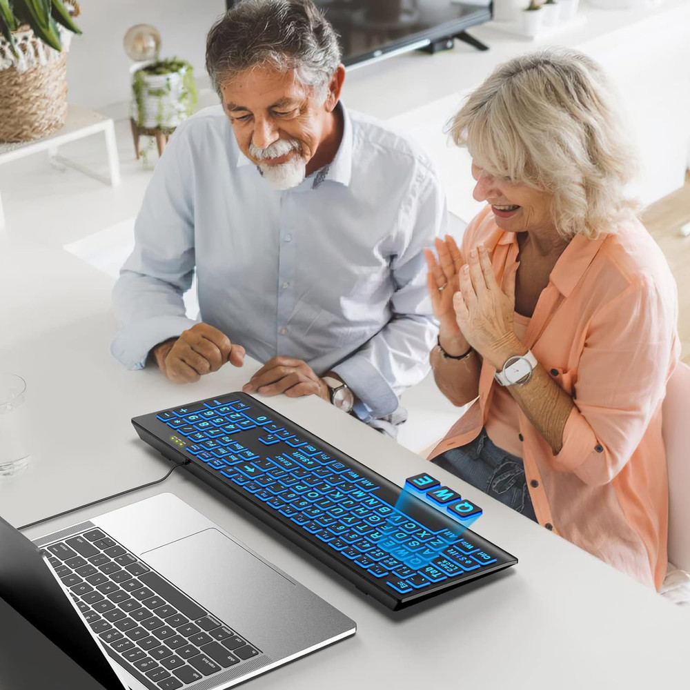 Large Print Backlit Keyboard, Wired USB Lighted Computer Keyboards with 7-Color