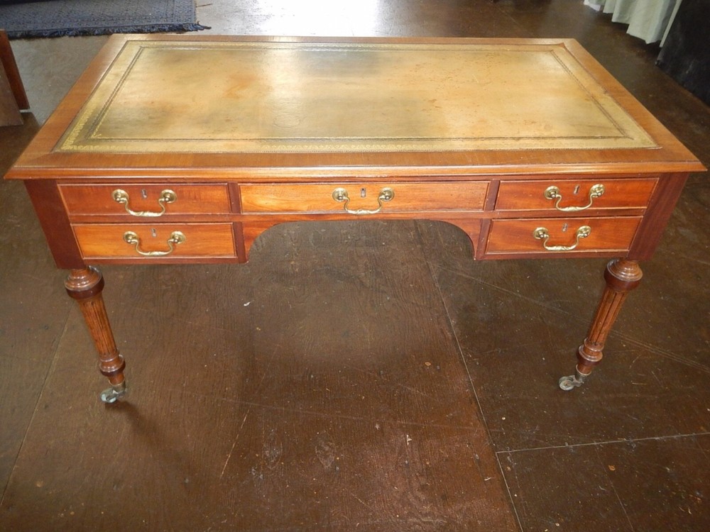 Antique Five-Drawer Gilt Embossed Leather Top Writing Desk