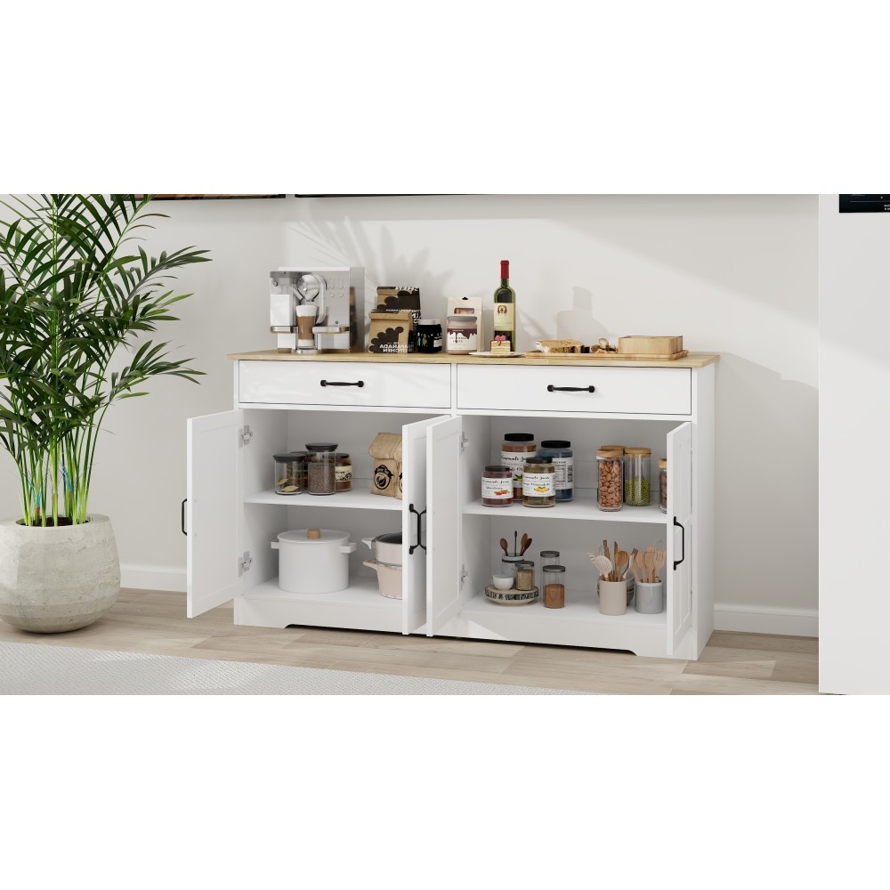 White 55.91" Buffet Cabinet - 2 Drawers, 4 Doors, Storage Sideboard for Dining