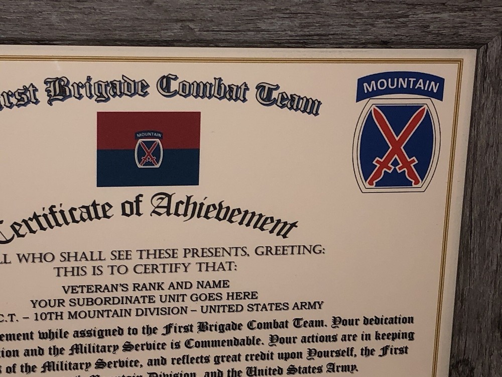 1ST B.C.T. / 10TH MOUNTAIN DIVISION - COA / (COMMEMORATIVE CERTIFICATE)
