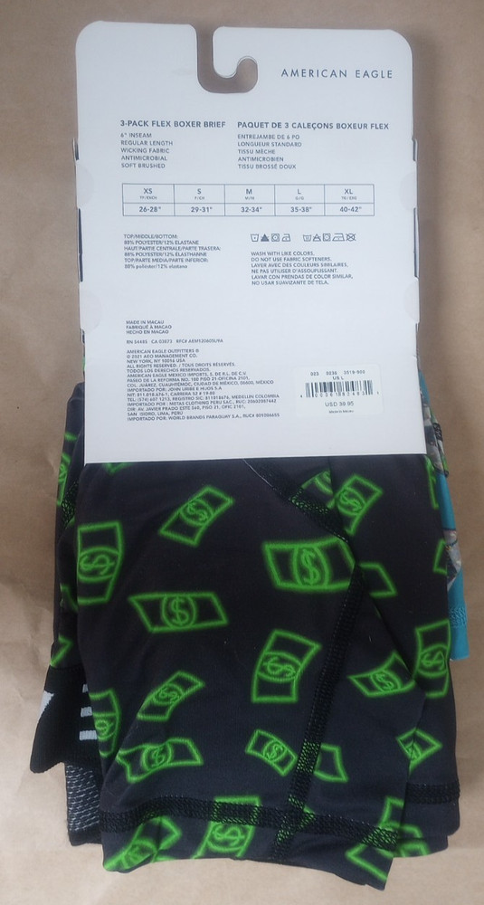 American Eagle 3 Pack 6" Flex Boxer Brief Diamonds Dollars Money